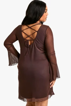Plus Mesh Ruffle Flared Sleeve Smock Dress