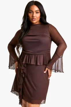 Plus Mesh Ruffle Flared Sleeve Smock Dress