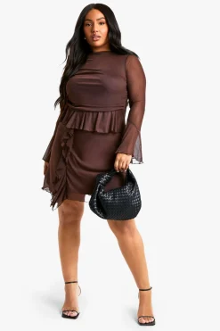 Plus Mesh Ruffle Flared Sleeve Smock Dress