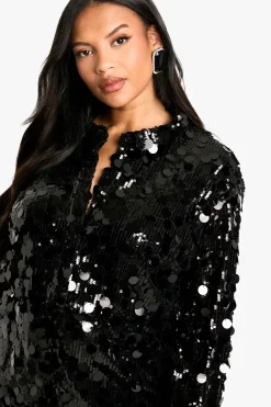 boohoo Plus Mini Robe à Paillettes avec Décolleté Plongeant et Détail de Col<Femme Robes À Manches Longues|Robes