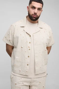 Plus Nibbled Denim Boxy Oversized Revere Shirt