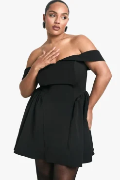 Plus Off The Shoulder Pleated Skater Dress