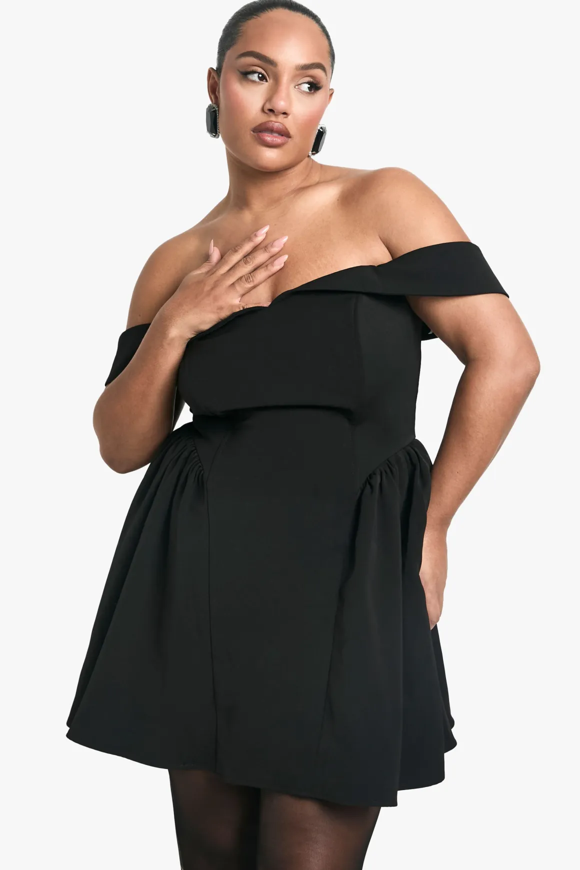 Plus Off The Shoulder Pleated Skater Dress