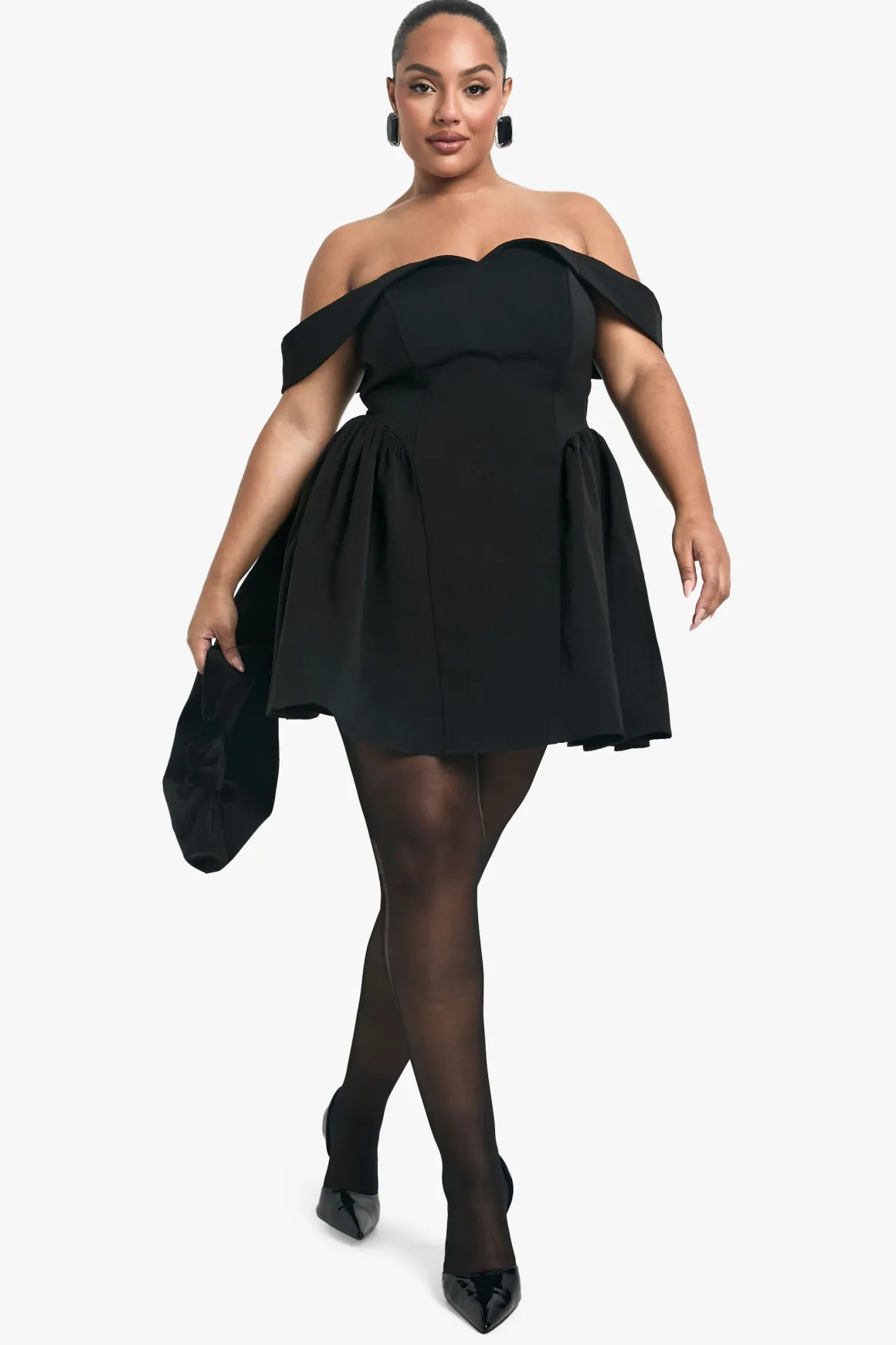 Plus Off The Shoulder Pleated Skater Dress