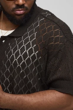 Plus Open Stitch Crochet Relaxed Polo Shirt