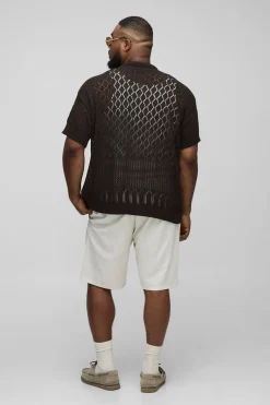 Plus Open Stitch Crochet Relaxed Polo Shirt