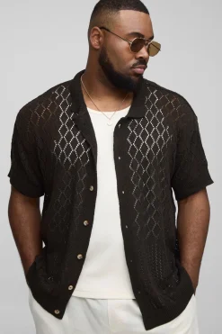 Plus Open Stitch Crochet Relaxed Polo Shirt