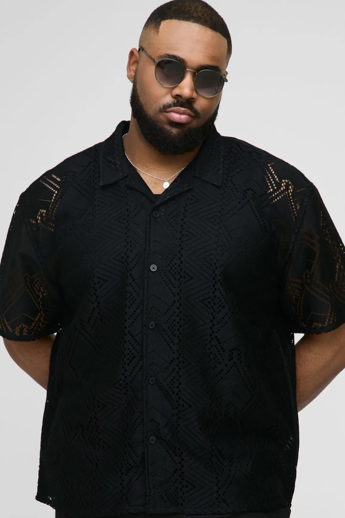 Plus Oversized Official Homme Chemise en Crochet Brodée