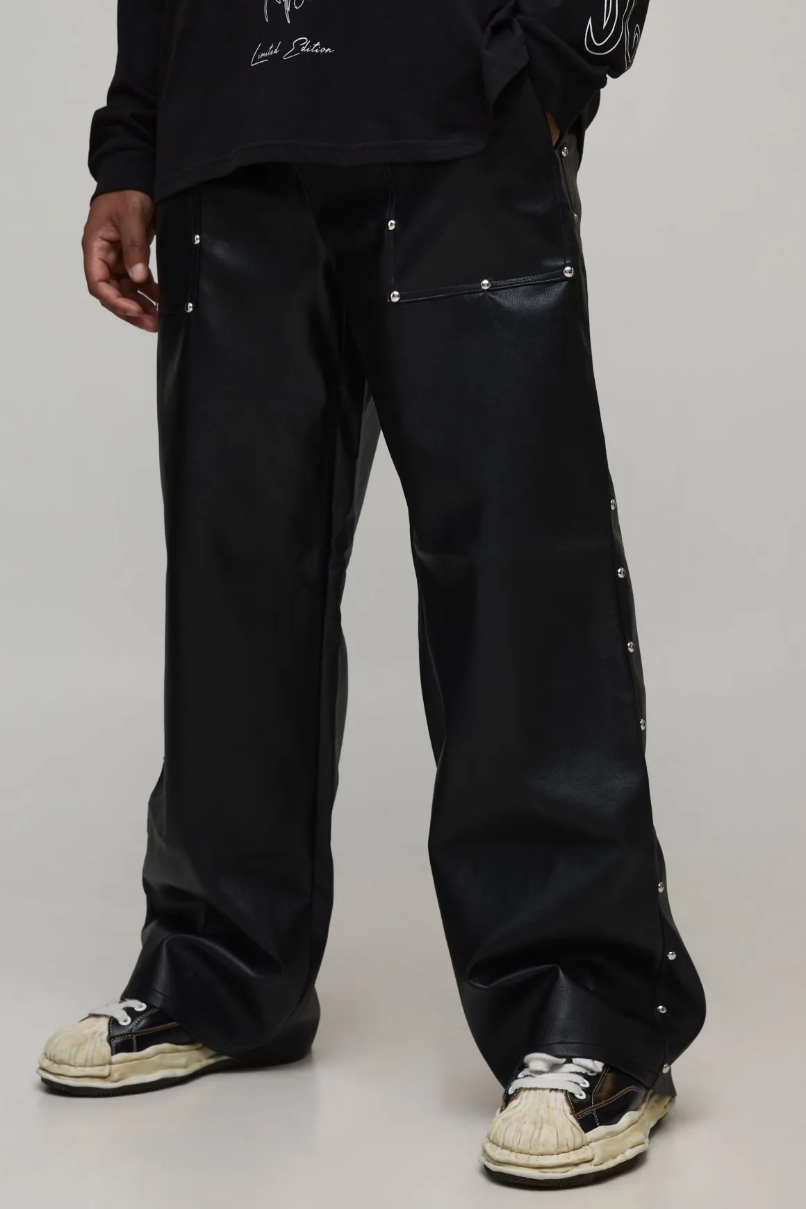 Plus Pantalon de charpentier décontracté à cordon, allure cuir cloutée