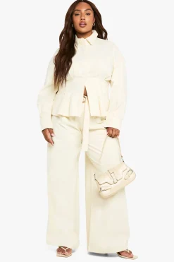 Plus Pantalon en sergé à jambes larges pour grandes tailles avec ceinture