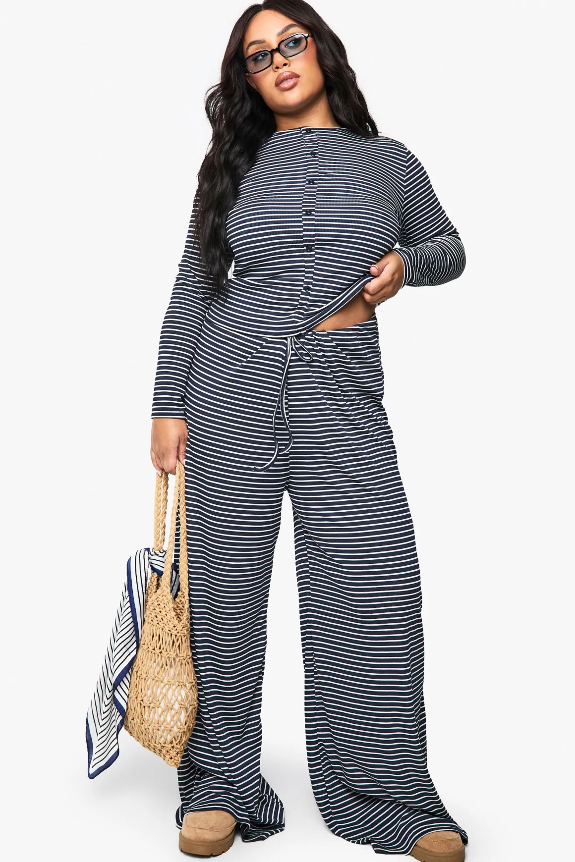 Plus Pantalon Plus à Taille avec Cordon Simple - Rayé