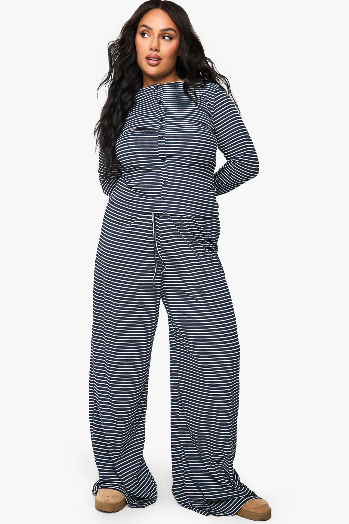 Plus Pantalon Plus à Taille avec Cordon Simple - Rayé