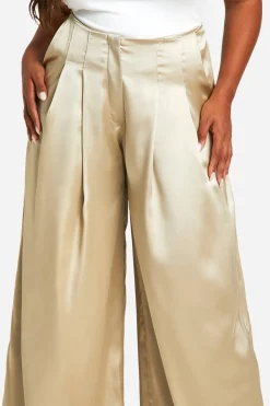 Plus Pantalon Tailleur à Jambe Large en Satin avec Détail Plissé