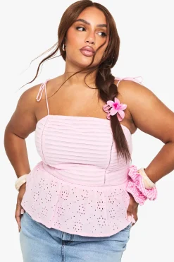 Plus Plissé Broderie Peplum Top Cami