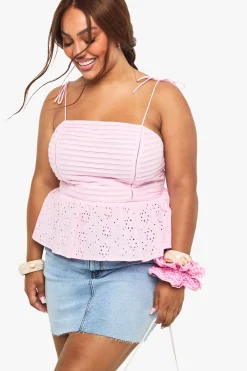 Plus Plissé Broderie Peplum Top Cami