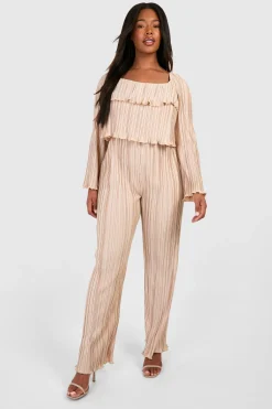 boohoo Plus Plissé Détail à Volants Combinaison à Jambes Larges<Femme Combinaisons Et Combishorts