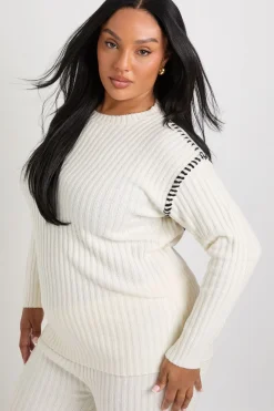 Plus Premium Ensemble Tricoté Pull et Pantalon en Maille Épaisse à Finition Contrastée