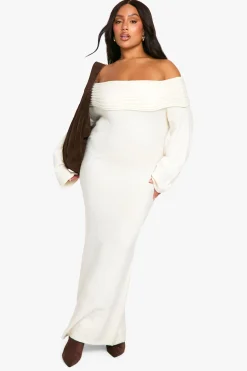 Plus Premium Oversized en Maille Douce à Côtes et Encolure Bardot