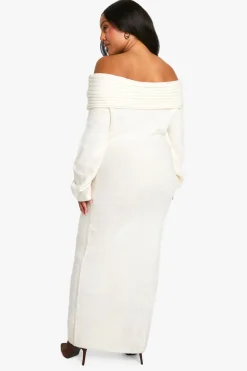 Plus Premium Oversized en Maille Douce à Côtes et Encolure Bardot
