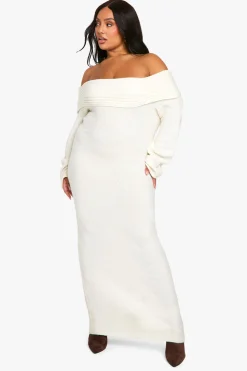 Plus Premium Oversized en Maille Douce à Côtes et Encolure Bardot