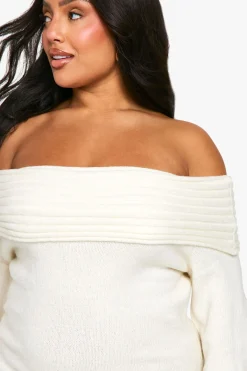 Plus Premium Oversized en Maille Douce à Côtes et Encolure Bardot