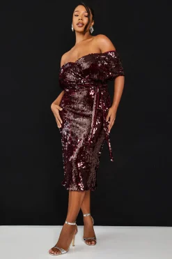 Plus Premium Robe Midi à Sequins à Épaulement Dénudé
