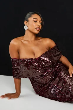 Plus Premium Robe Midi à Sequins à Épaulement Dénudé