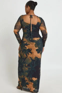 Plus Printed Mesh Low Back Maxi Dress