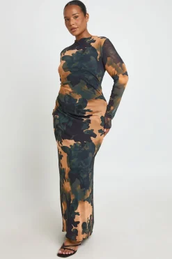 Plus Printed Mesh Low Back Maxi Dress