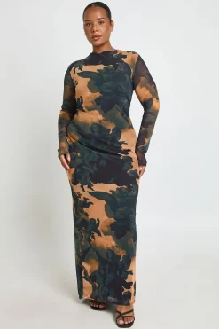 Plus Printed Mesh Low Back Maxi Dress