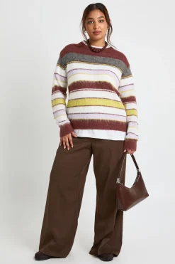 Plus pull à col rond surdimensionné en maille brossée à multiples rayures