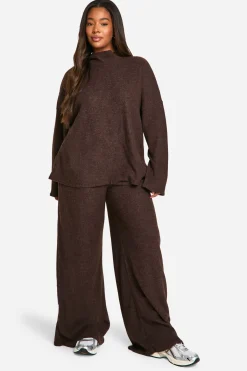 boohoo Plus Pull Décontracté en Côtelé Doux & Pantalon à Jambes Larges<Femme Looks Chocolat|Loungewear
