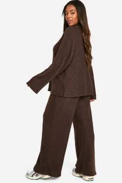 boohoo Plus Pull Décontracté en Côtelé Doux & Pantalon à Jambes Larges<Femme Looks Chocolat|Loungewear