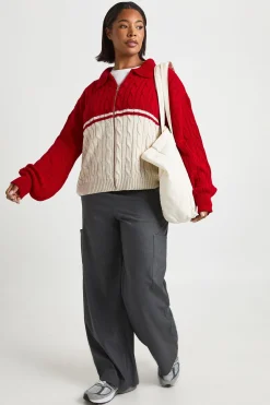Plus Pull en Maille Torsadée Épaisse à Col et Zip Intégral