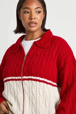 Plus Pull en Maille Torsadée Épaisse à Col et Zip Intégral