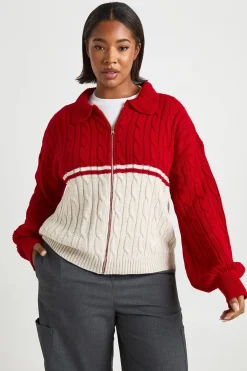 Plus Pull en Maille Torsadée Épaisse à Col et Zip Intégral