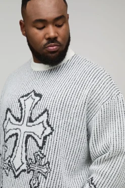 boohooMAN Plus Pull tricoté oversize, boxy, duveteux à jacquard croisé<Homme Tout Afficher|Maille