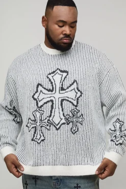 boohooMAN Plus Pull tricoté oversize, boxy, duveteux à jacquard croisé<Homme Tout Afficher|Maille