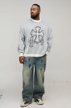 boohooMAN Plus Pull tricoté oversize, boxy, duveteux à jacquard croisé<Homme Tout Afficher|Maille