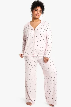 Plus Pyjama en Grande Taille Imprimé Cœurs à Manches Longues et Pantalon