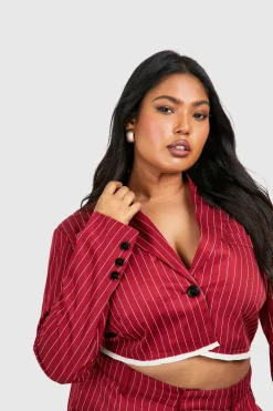 Plus Raw Edge Stripe Cropped Blazer