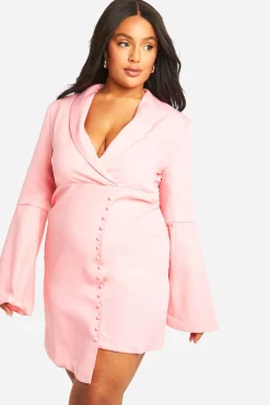 Plus Robe Blazer en Tissu Assorti à Manches Évasées