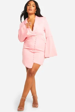 Plus Robe Blazer en Tissu Assorti à Manches Évasées