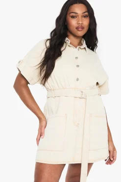 Plus Robe Chemise Utilitaire en Denim avec Ceinture