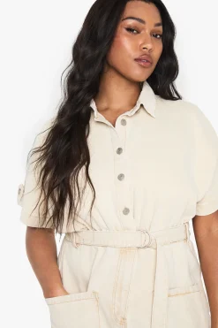 Plus Robe Chemise Utilitaire en Denim avec Ceinture