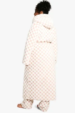 Plus robe d'intérieur en molleton maxi à carreaux, rose bébé, grande taille