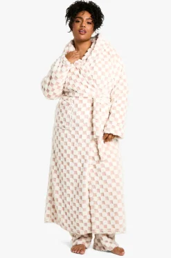 Plus robe d'intérieur en molleton maxi à carreaux, rose bébé, grande taille