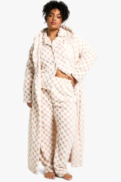 Plus robe d'intérieur en molleton maxi à carreaux, rose bébé, grande taille