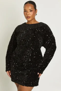 Plus robe droite à paillettes à manches chauve-souris
