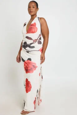 Plus Robe Maxi Grande Taille à Imprimé Rose en Mesh Froncée et à Volants